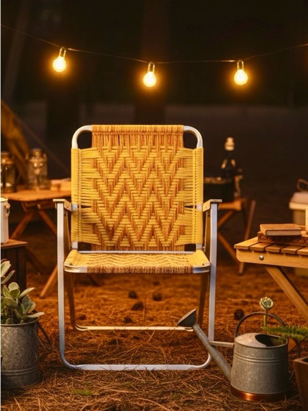Vintage 70s Retro Handmade Woven Macrame Lawn Camping Folding Aluminum Chair